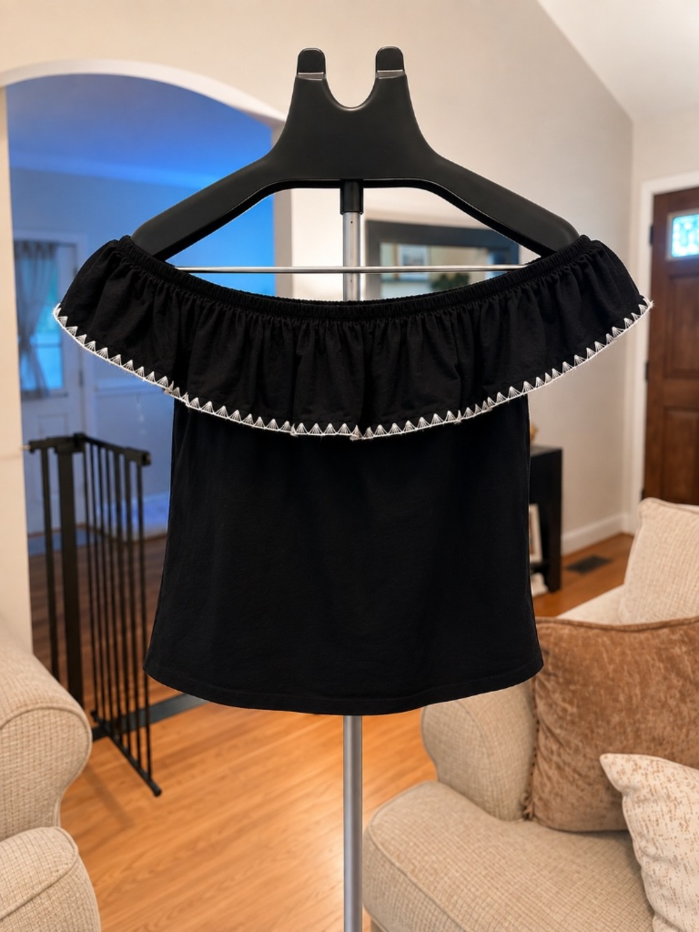 J.Crew Black Ruffle Off-the-Shoulder Top | Size Medium